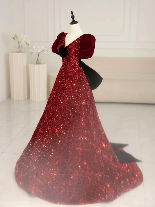 Elegant A Line Burgundy V Neck Short Bubble Sleeves Velvet Sequin Bow Long Prom Dress, Evening Dress GG289