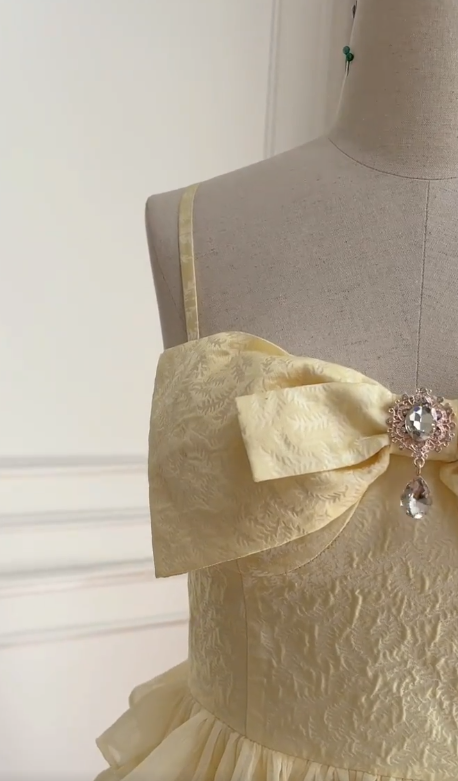 Cute A Line Spaghetti Straps Pastel Yellow Satin Tiered Long Prom Dress, Party Dress, Evening Dress GG2907