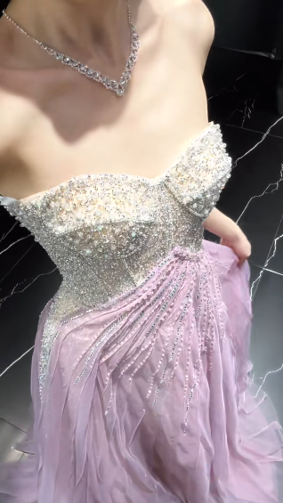 Glitter A Line Strapless Tulle Beaded Long Prom Dress, Party Dress, Evening Dress GG2910