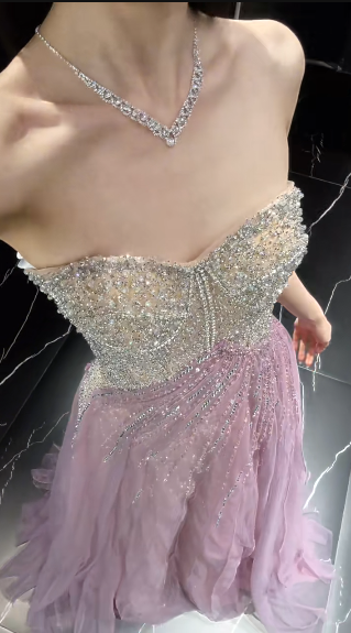 Glitter A Line Strapless Tulle Beaded Long Prom Dress, Party Dress, Evening Dress GG2910