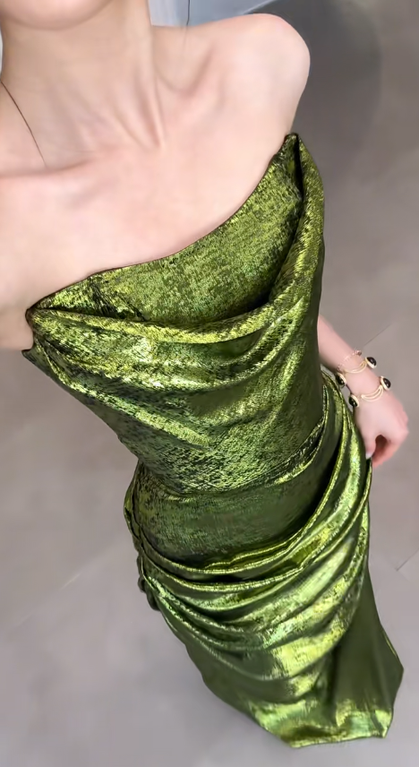 Elegant Mermaid Strapless Green Satin Pleated Long Prom Dress, Party Dress, Evening Dress GG2914