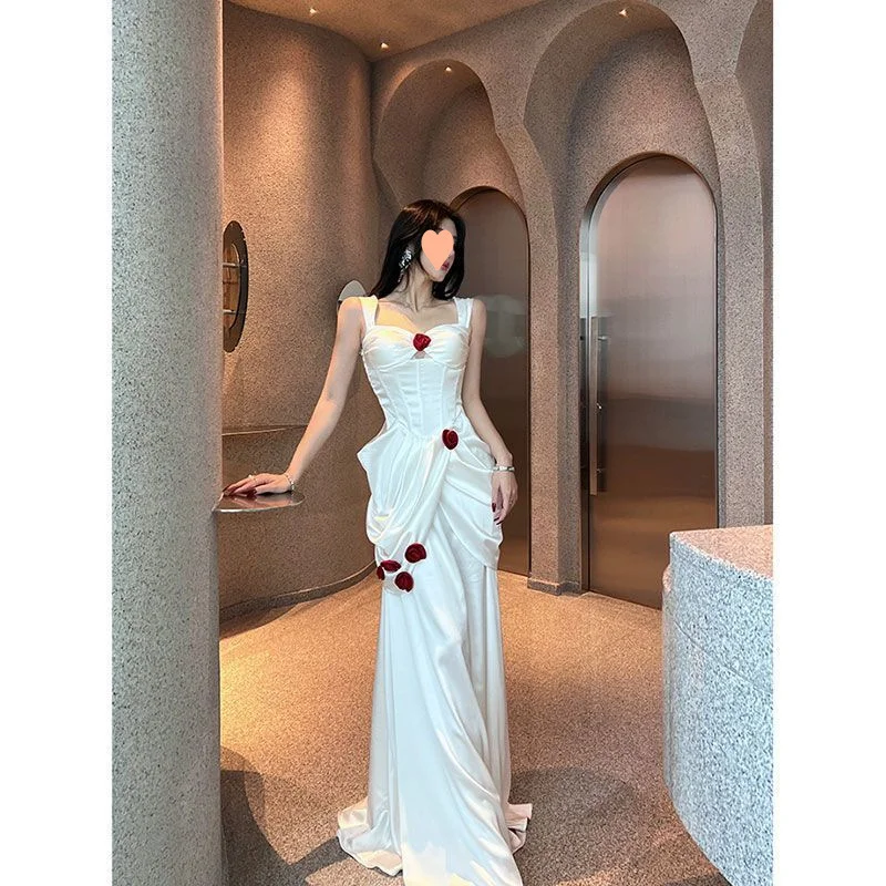 Unique Mermaid Sweetheart White Satin Applique Long Prom Dress, Party Dress, Evening Dress GG2920