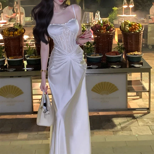 Elegant Mermaid Spaghetti Straps White Satin Pleated Long Prom Dress, Party Dress, Evening Dress GG2921