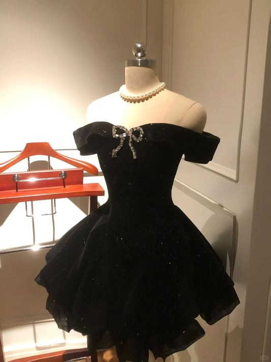 Cute A Line Off The Shoulder Black Satin Beaded Short Prom Dress,Homecoming Dress,Birthday Dress GG2924