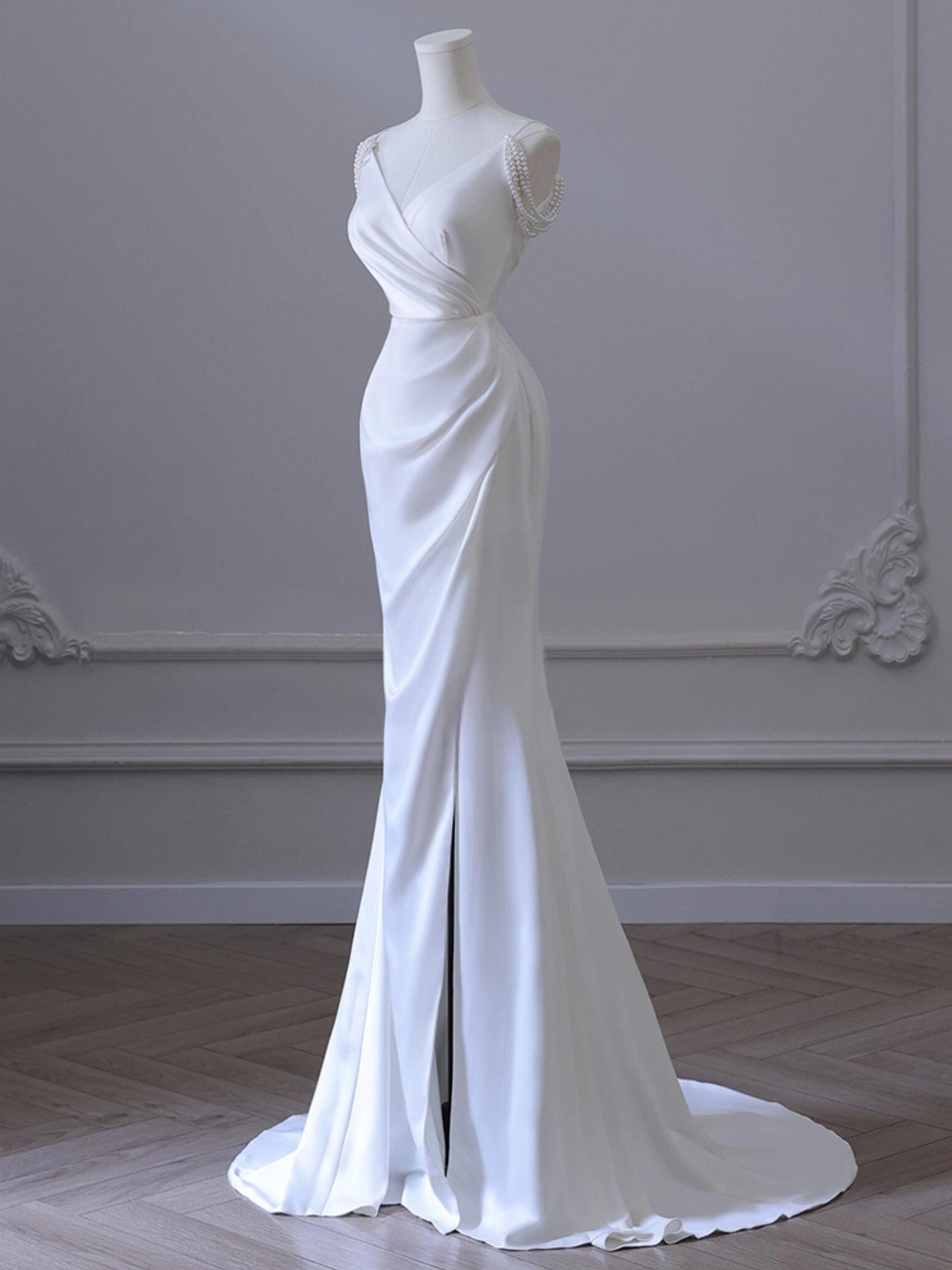 Classy Mermaid Spaghetti Straps White Satin Long Wedding Dress GG2944