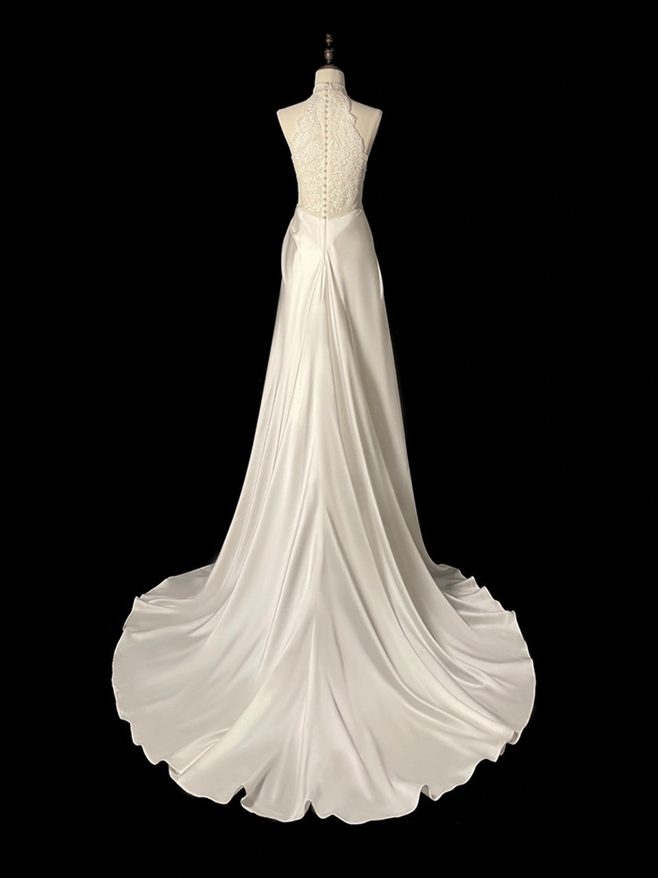 Timeless A Line Halter White Satin Lace Long Wedding Dress GG2945