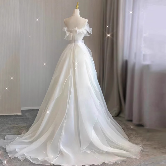 Vintage A Line Strapless White Stain Tulle Long Wedding Dress GG2949