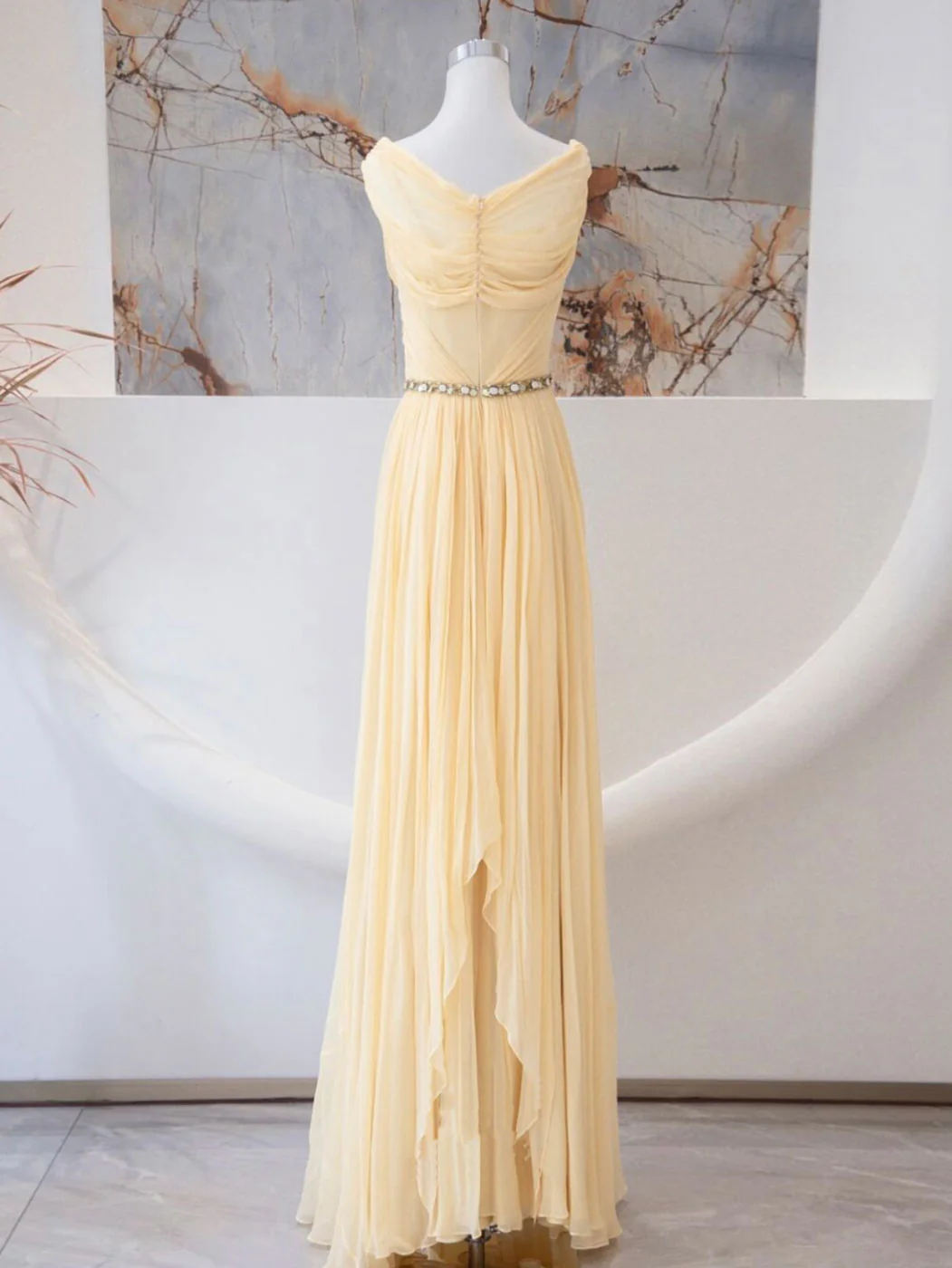 Chic A Line Pastel Yellow Sweetheart Tulle Beading Belt Long Prom Dress,Evening Dress GG295
