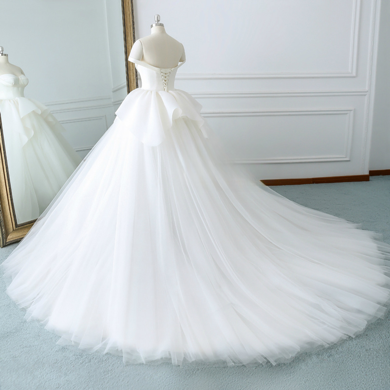 Classy Elegant Ball Gown Off The Shoulder White Satin Tulle Long Wedding Dress GG2971