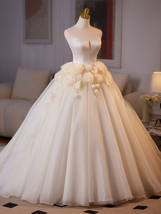 Classy Elegant Ball Gown Strapless Ivory Satin Tulle Applique Long Wedding Dress GG2975