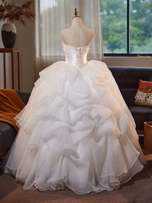 Pretty Ball Gown Strapless White Satin Tulle Long Wedding Dress GG2977
