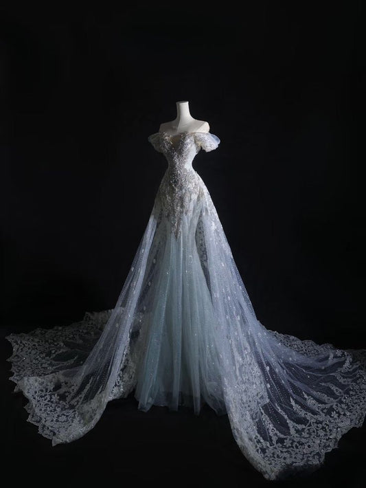 Timeless Mermaid Off The Shoulder Tulle Sequin Beaded Long Wedding Dress GG2979