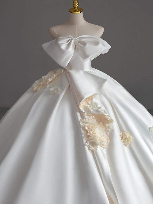 Classy Romantic Ball Gown Off The Shoulder Satin Applique Long Wedding Dress GG2980