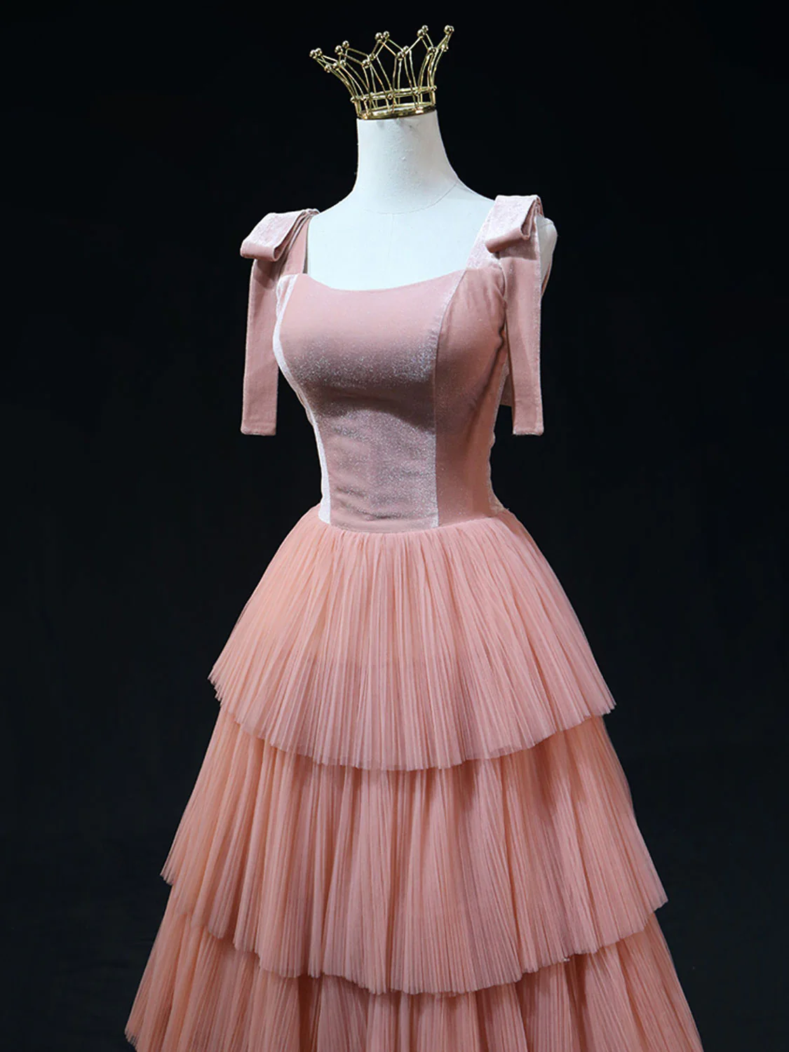 Elegant A Line Square Peach Velvet Stitching Layered Tulle Long Prom Dress,Evening Dress GG298