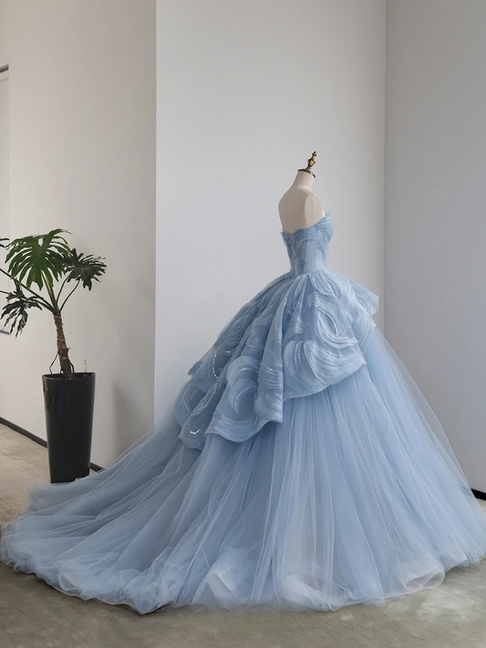 Princess Ball Gown Strapless Sky Blue Tulle Sequin Long Wedding Dress GG2992