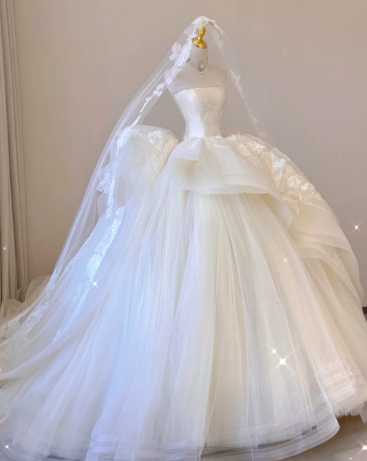Timeless Ball Gown Strapless White Satin Tulle Applique With Wedding Veil Long Wedding Dress GG3000