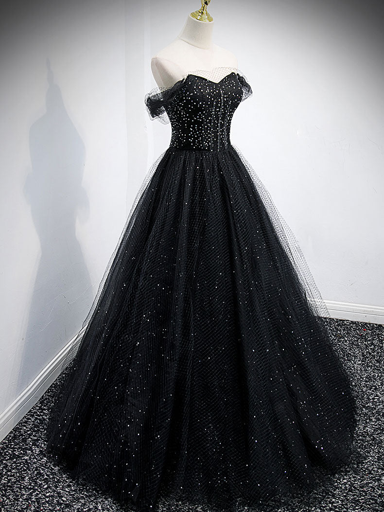 Shiny A Line Off The Shoulder Black Beading Tulle Long Prom Dress,Evening Dress GG303