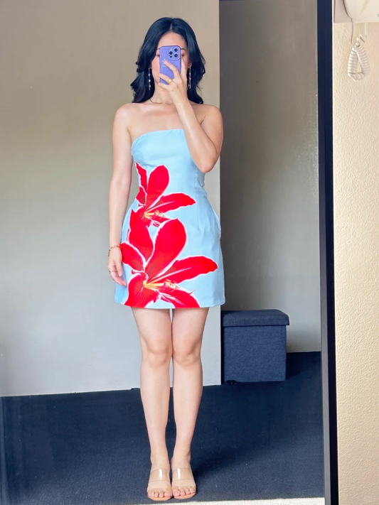 Unique Mermaid Strapless Satin Printing Flowers Short Prom Dress,Homecoming Dress,Birthday Dress GG3066