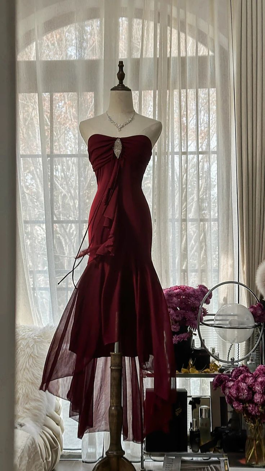 Vintage Burgundy Mermaid Strapless Chiffon Long Prom Dress, Party Dress, Evening Dress GG3070