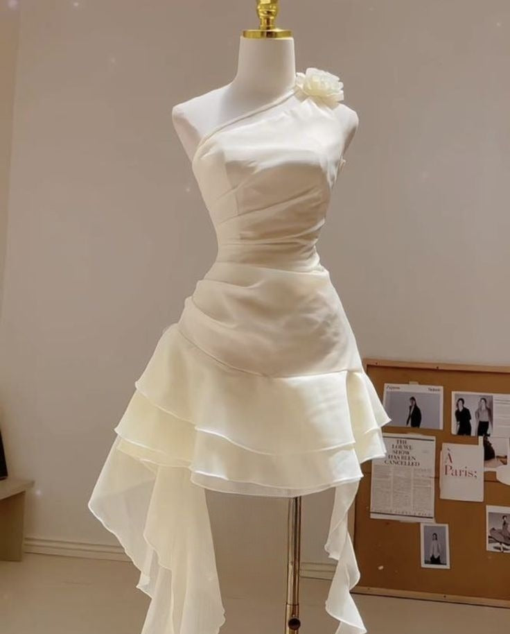 Elegant A Line One Shoulder Ivory Chiffon Flower Short Prom Dress,Homecoming Dress,Birthday Dress GG3074