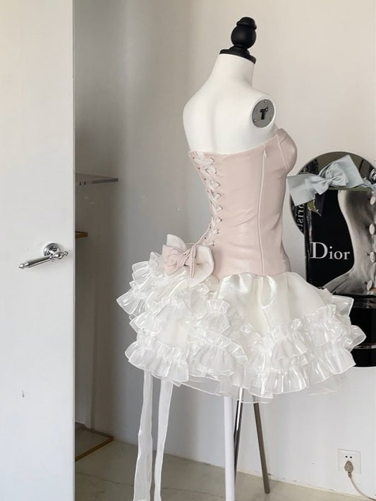 Unique A Line Pink PU Leather Corset Tiered Ruffle Tutu Short Prom Dress,Homecoming Dress,Birthday Dress GG3101