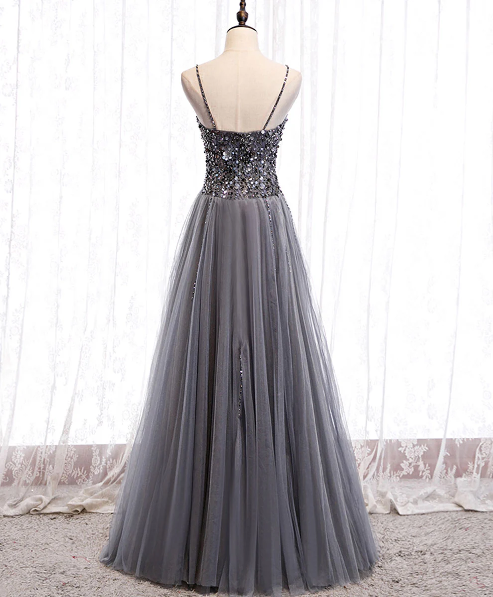 Delicate A Line Spaghetti Straps Sweetheart Gray Tulle Sequin Long Prom Dress,Evening Dress GG311