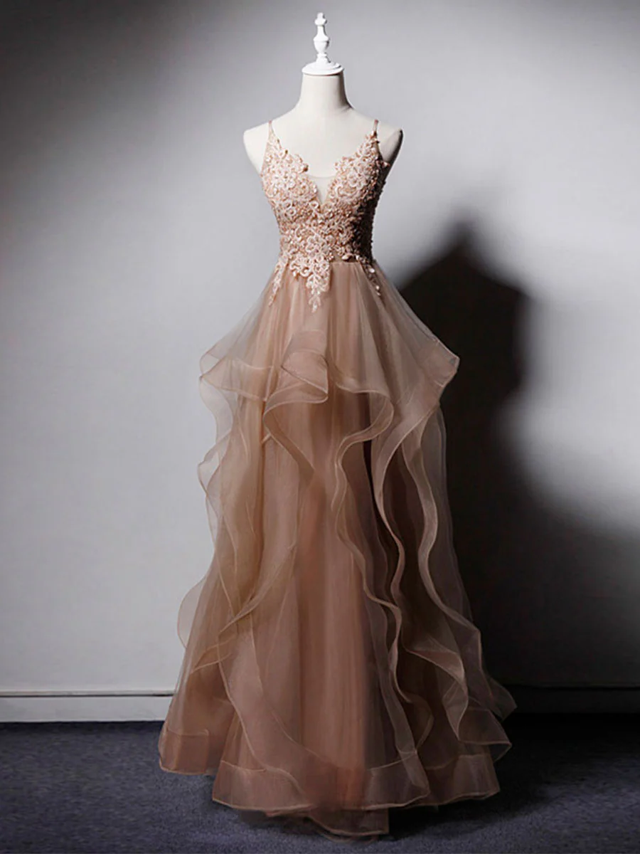Delicate A Line Spaghetti Straps V Neck Tulle Applique Long Prom Dress,Evening Dress GG313