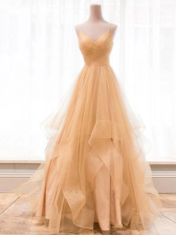 ELegant A Line Spaghetti Straps V Neck Pastel Orange Tulle Long Prom Dress,Evening Dress GG314