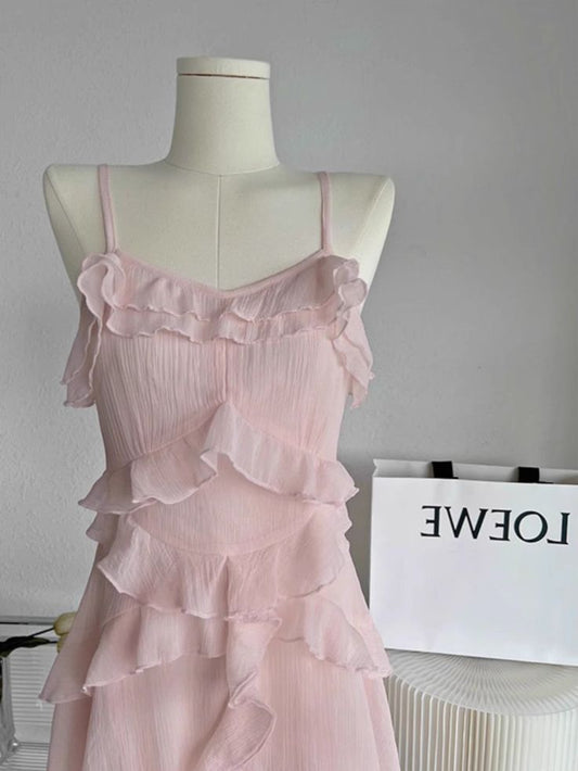 Cute Pink A Line Spaghetti Straps Chiffon Ruffles Short Prom Dress,Homecoming Dress,Birthday Dress GG3145