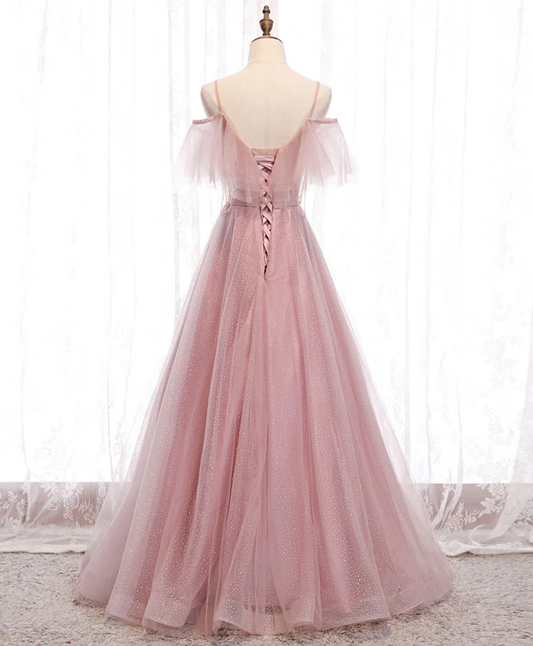 ELegant A Line Spaghetti Straps Off The Shoulder Pink Beading Tulle Long Prom Dress,Evening Dress GG315