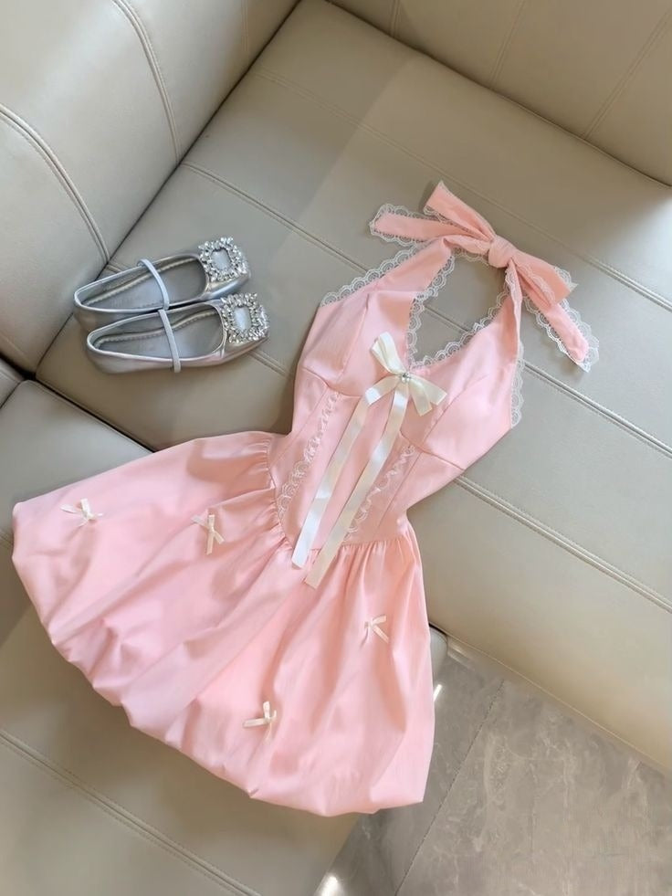Cute Pink A Line Halter Satin Lace Bow Short Prom Dress,Homecoming Dress,Birthday Dress GG3194
