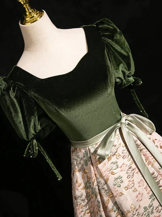 Elegant A Line Green Velvet Floral Satin Short Bubble Sleeves Long Prom Dress,Evening Dress GG320