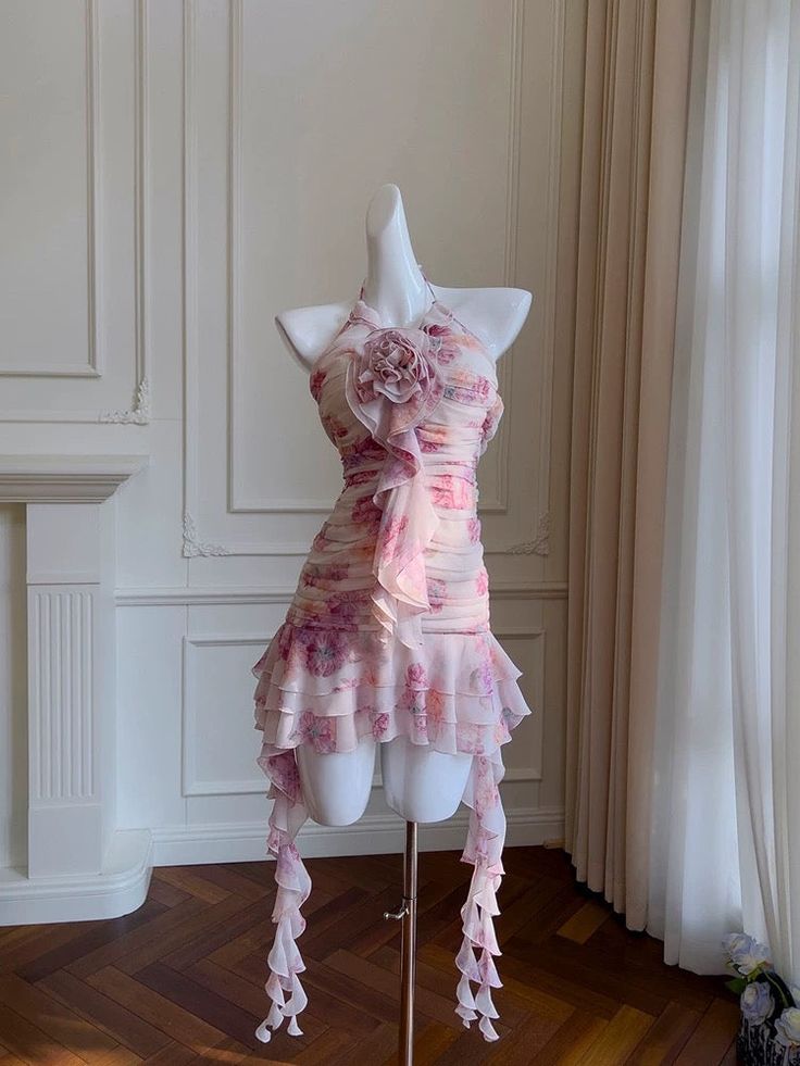 Chic A Line Halter Starps Chiffon Floral Short Prom Dress,Homecoming Dress,Birthday Dress GG3223