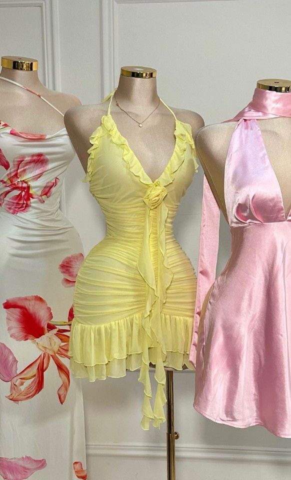 Yellow Mermaid Halter V Neck Chiffon Reffles Short Prom Dress,Homecoming Dress,Birthday Dress GG3264
