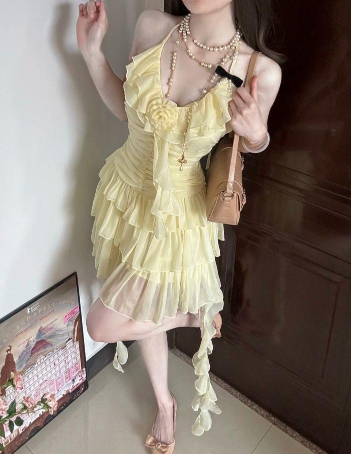Cute A Line Pastel Yellow Halter Chiffon Ruffles Short Prom Dress,Homecoming Dress,Birthday Dress GG3299