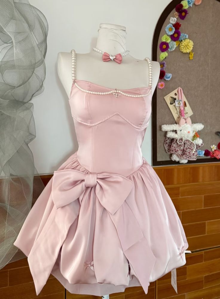 Sweet Pink A Line Spaghetti Straps Satin Beaded Bow Short Prom Dress,Homecoming Dress,Birthday Dress GG3321