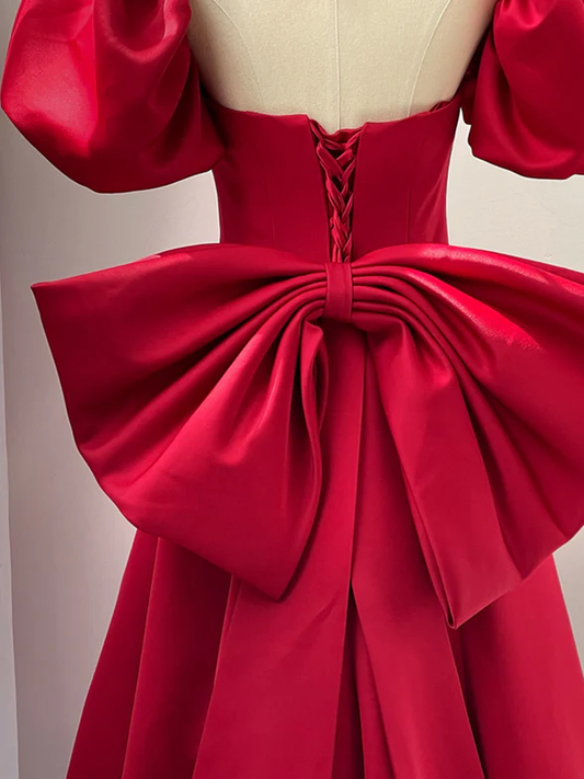 Elegant A Line Sweetheart Red Satin Short Bubble Sleeves Back Bow Long Prom Dress,Evening Dress GG332