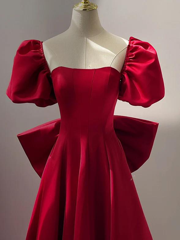 Elegant A Line Sweetheart Red Satin Short Bubble Sleeves Back Bow Long Prom Dress,Evening Dress GG332
