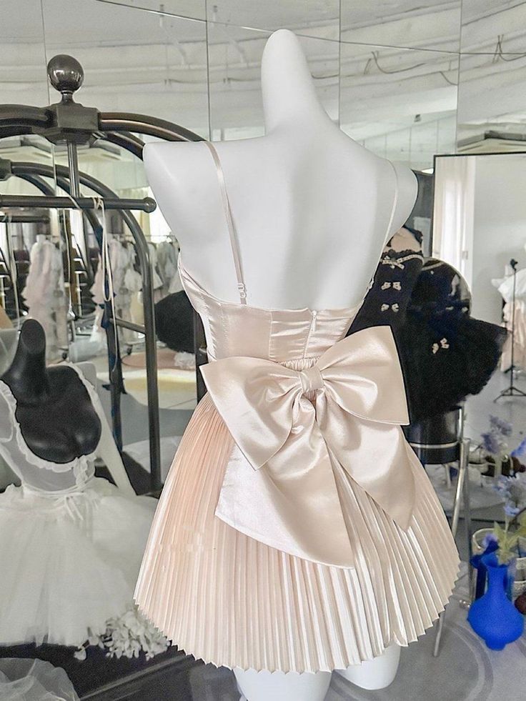 Cute A Line Spaghetti Straps Light Champagne Satin Back With Bow Short Prom Dress,Homecoming Dress,Birthday Dress GG3331