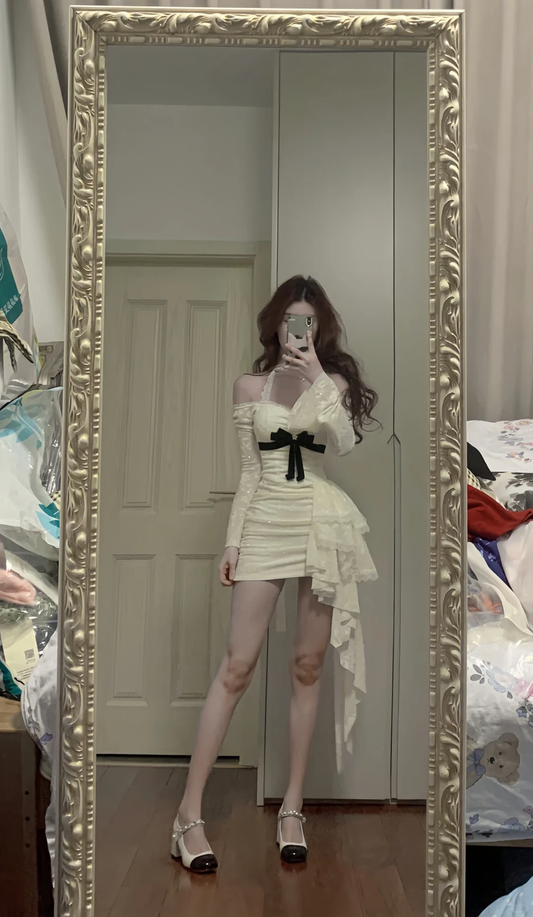 Sexy Mermaid Off The Shoulder Satin Lace Long Sleeves Short Prom Dress,Homecoming Dress,Birthday Dress GG3376