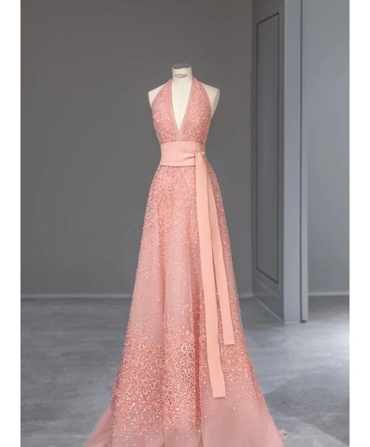 Chic A Line Halter V Neck Peach Tulle Applique Long Prom Dress,Evening Dress GG339