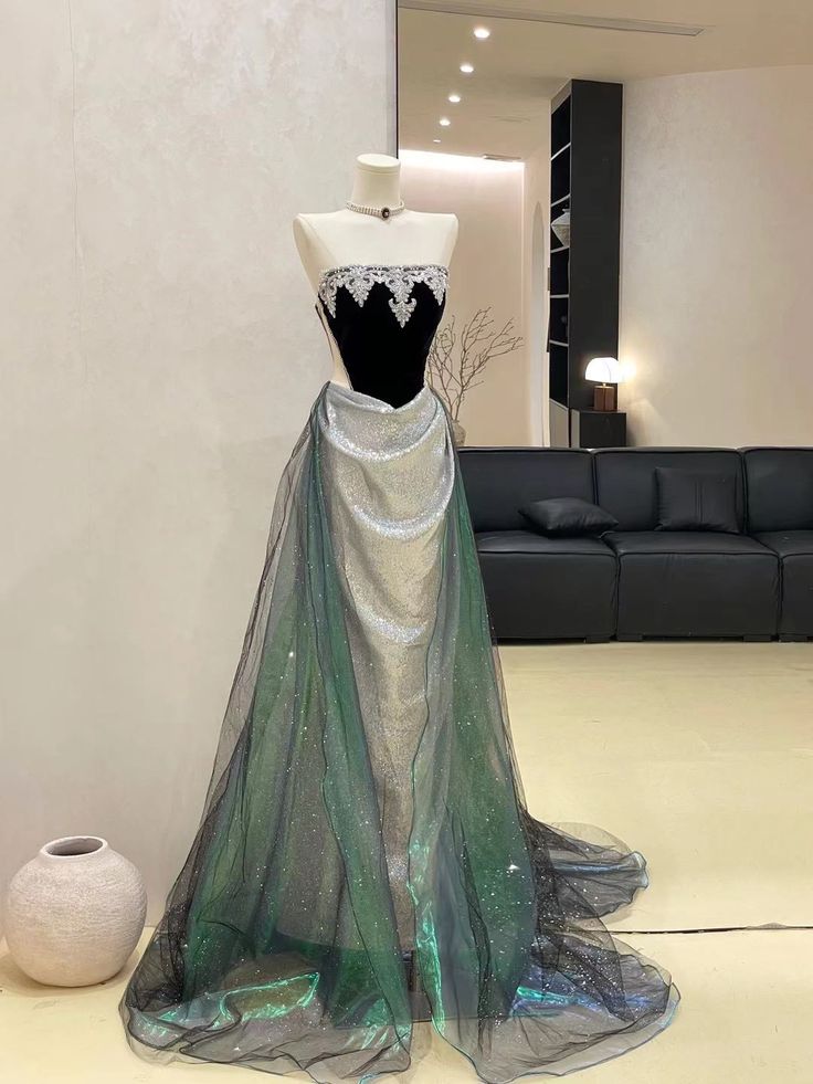 Chic Mermaid Strapless Satin Tulle Sequin Long Prom Dress,Party Dress,Evening Dress GG3422