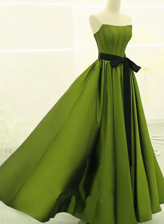 Elegant A Line Strapless Green Satin Black Belt Long Prom Dress,Evening Dress GG343