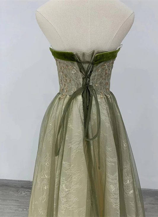 Elegant A Line Strapless Green Satin Bow Long Prom Dress,Evening Dress GG344