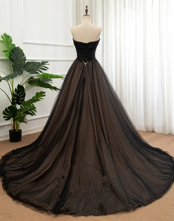 Elegant A Line Sweetheart Black Beaded Tulle Long Prom Dress,Evening Dress GG346