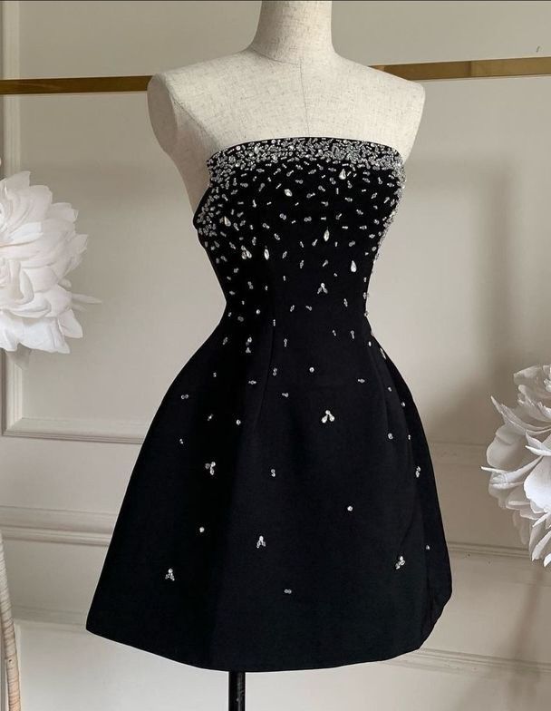 Chic Black A Line Strapless Satin Sequin Short Prom Dress,Homecoming Dress,Birthday Dress GG3494