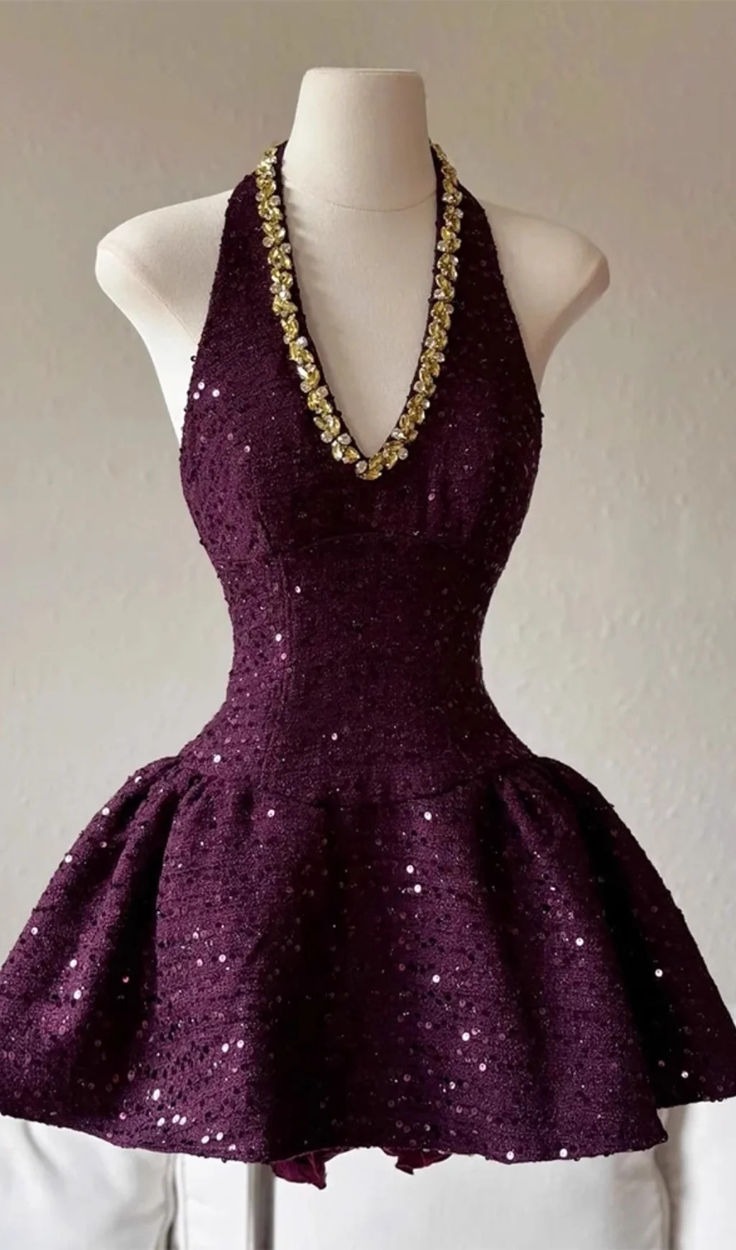Grape A Line Halter Satin Sequin Short Prom Dress,Homecoming Dress,Birthday Dress GG3499