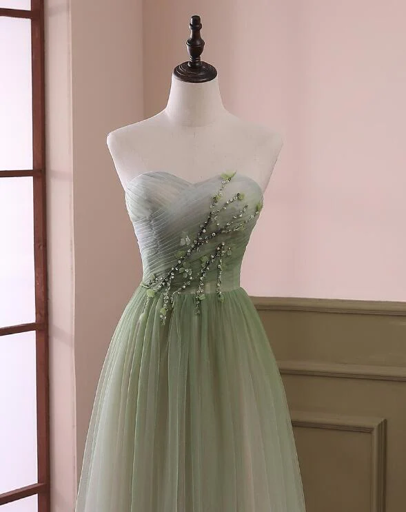 Elegant A Line Strapless Light Green Gradient Tulle Long Prom Dress,Evening Dress GG350