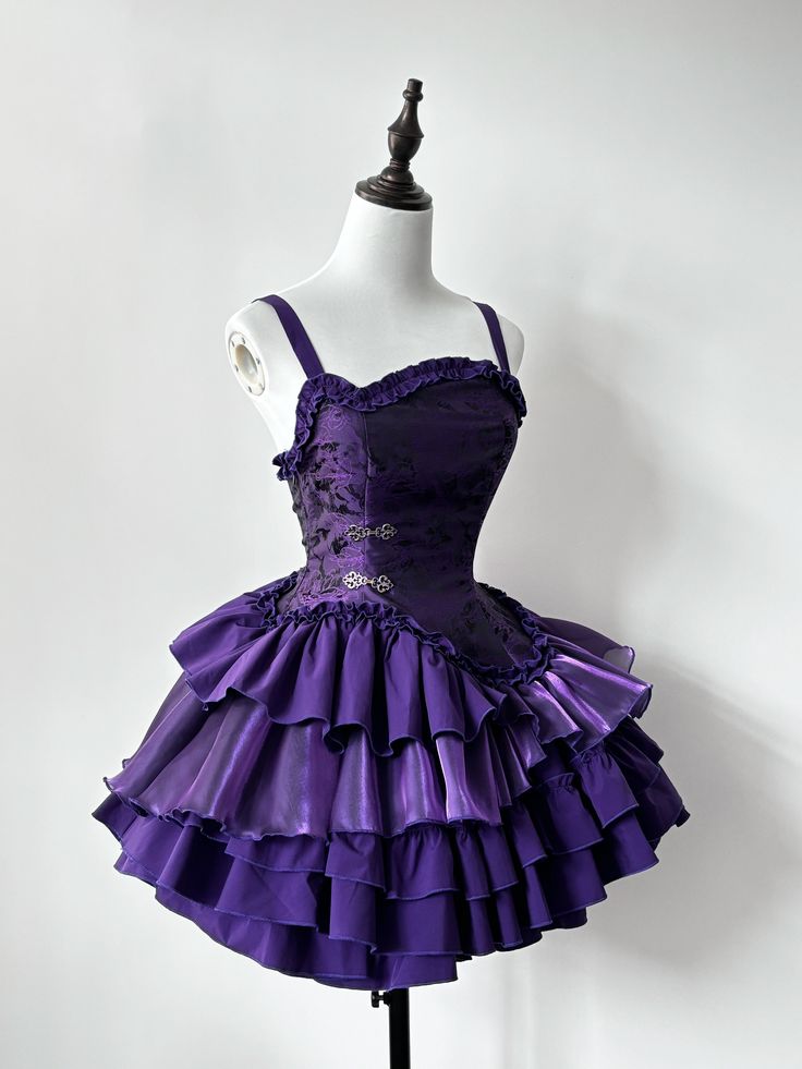 Unique Purple A Line Spaghetti Straps Satin Tiered Short Prom Dress,Homecoming Dress,Birthday Dress GG3515