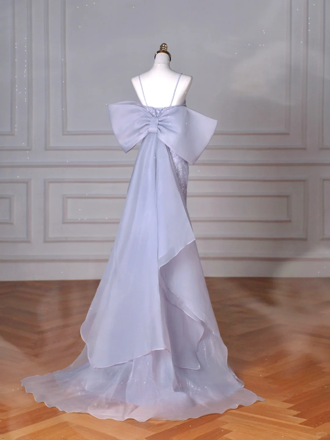 Shiny Mermaid Spaghetti Straps Lilac Tulle Sequin Back With Bow Long Prom Dress,Party Dress,Evening Dress GG3522